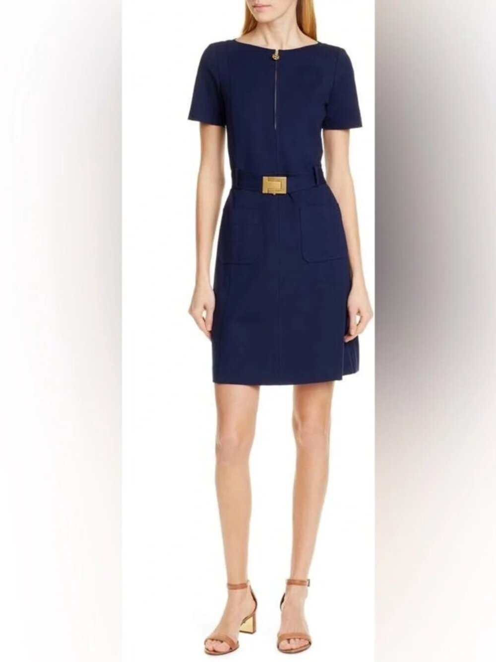 Tory Burch Navy Short-Sleeve Dress with Gold Accent Belt